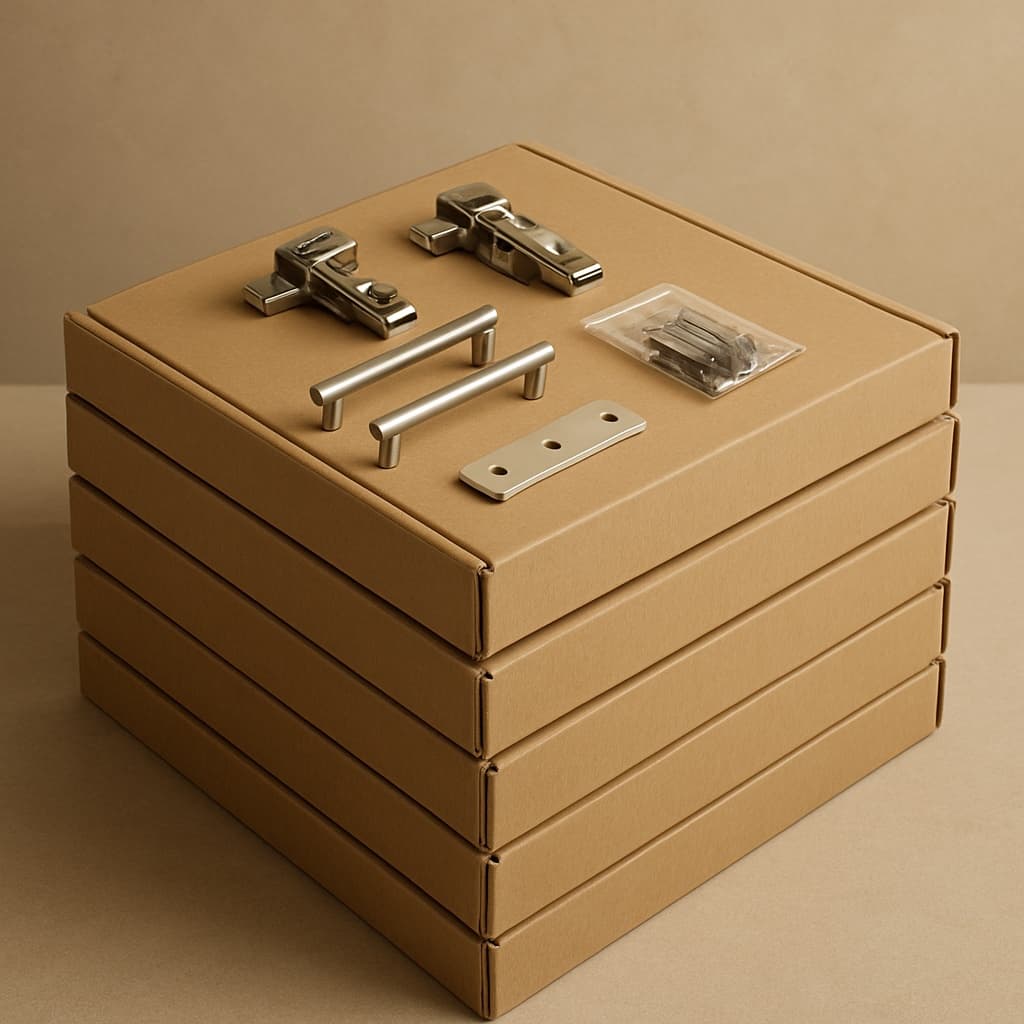 Cabinet boxes and hardware prepared for assembly.