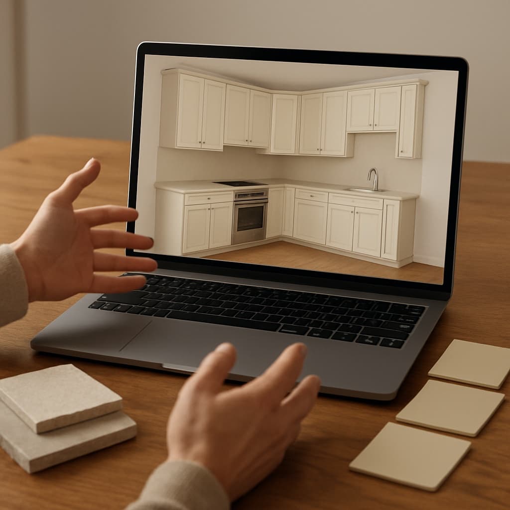 Kitchen design software showing a 3D cabinet layout on a laptop beside finish samples