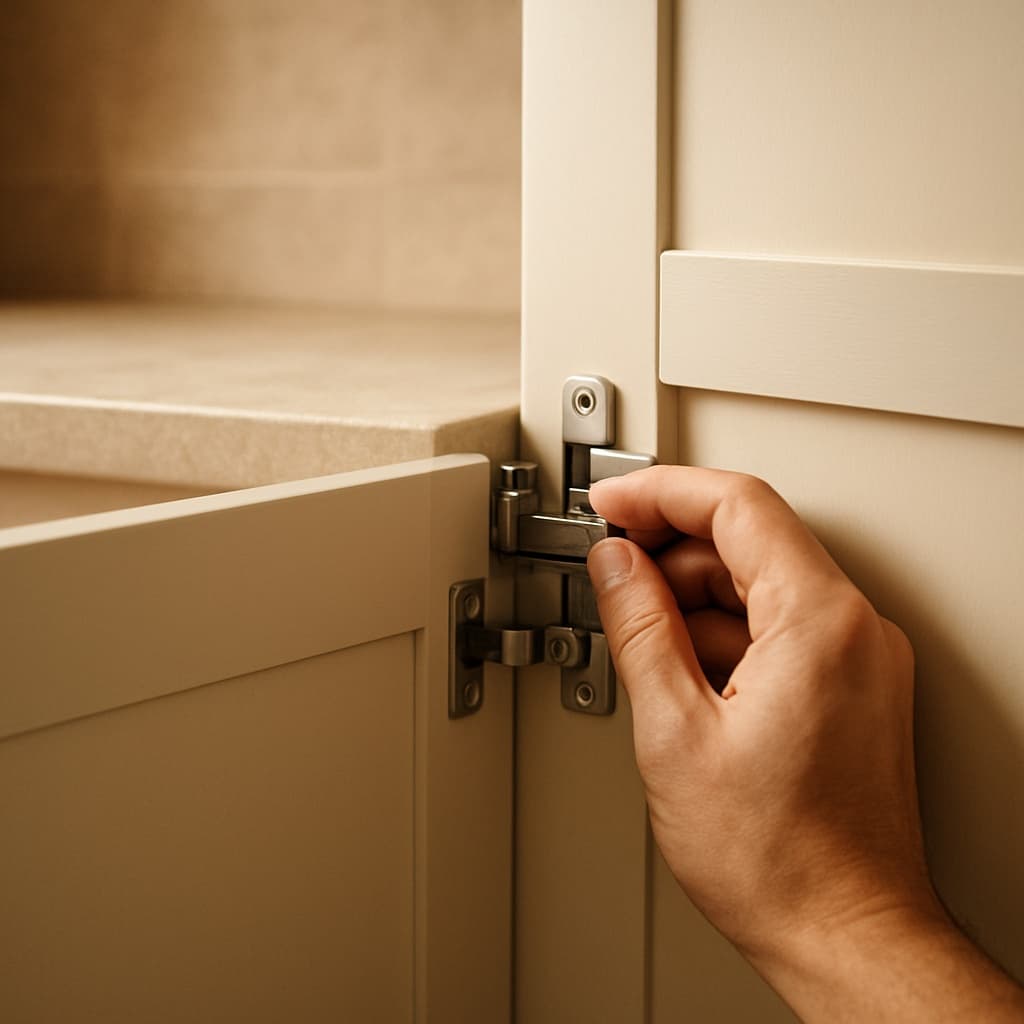 A hand adjusting a soft-close cabinet hinge during a kitchen installation