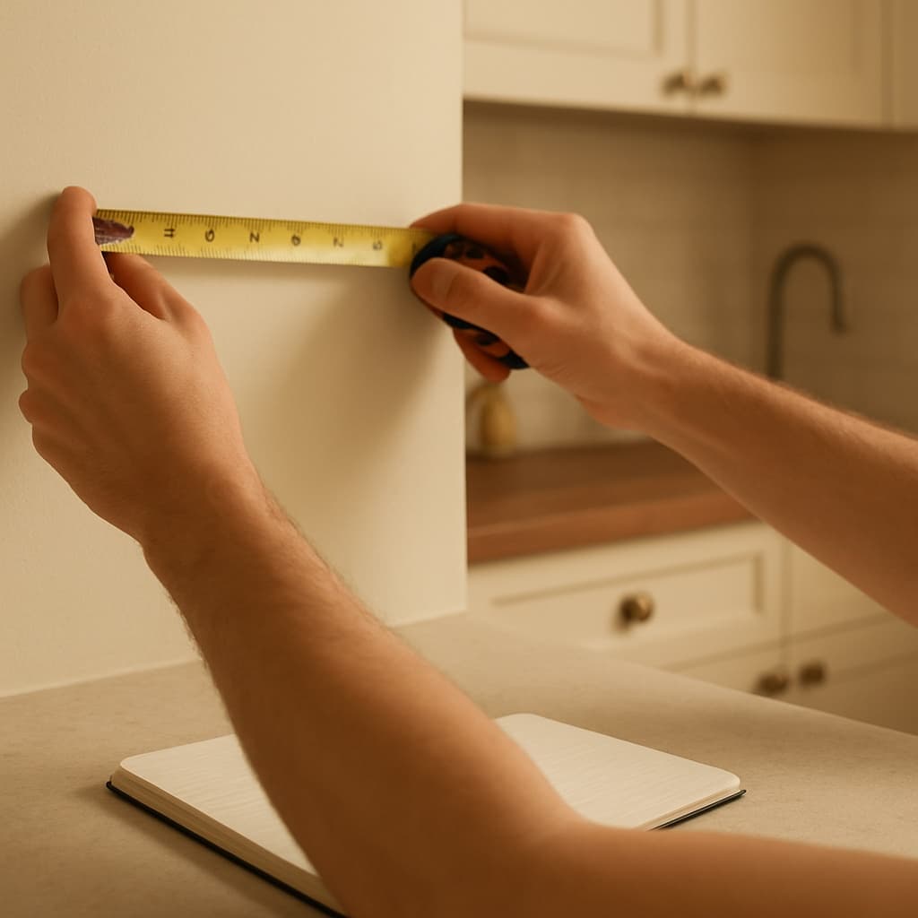 Hands measuring a kitchen wall with a tape measure and notepad at a counter