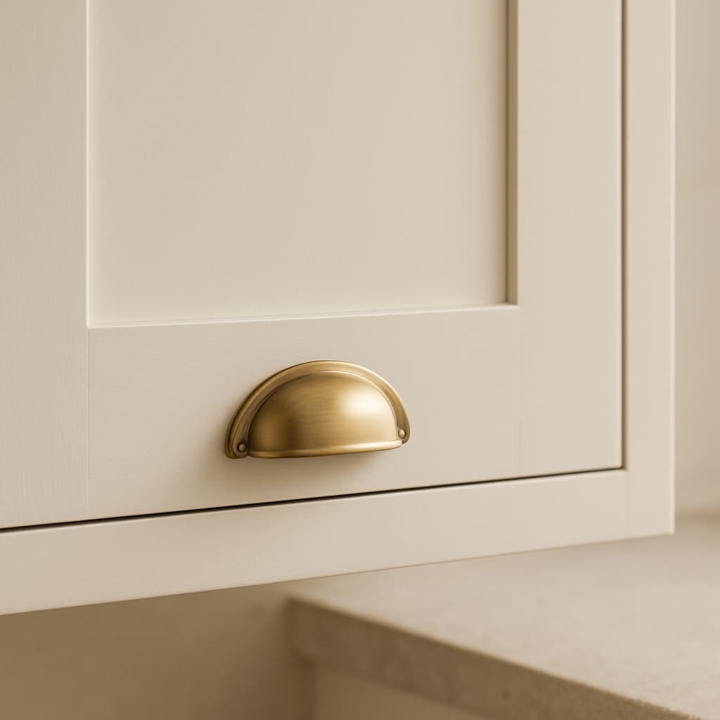 Cream shaker cabinet door with brass hardware